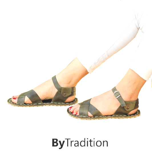 Sandaal - Kruisband - Natuurlijke en maatwerk barefoot - Olijfgroen